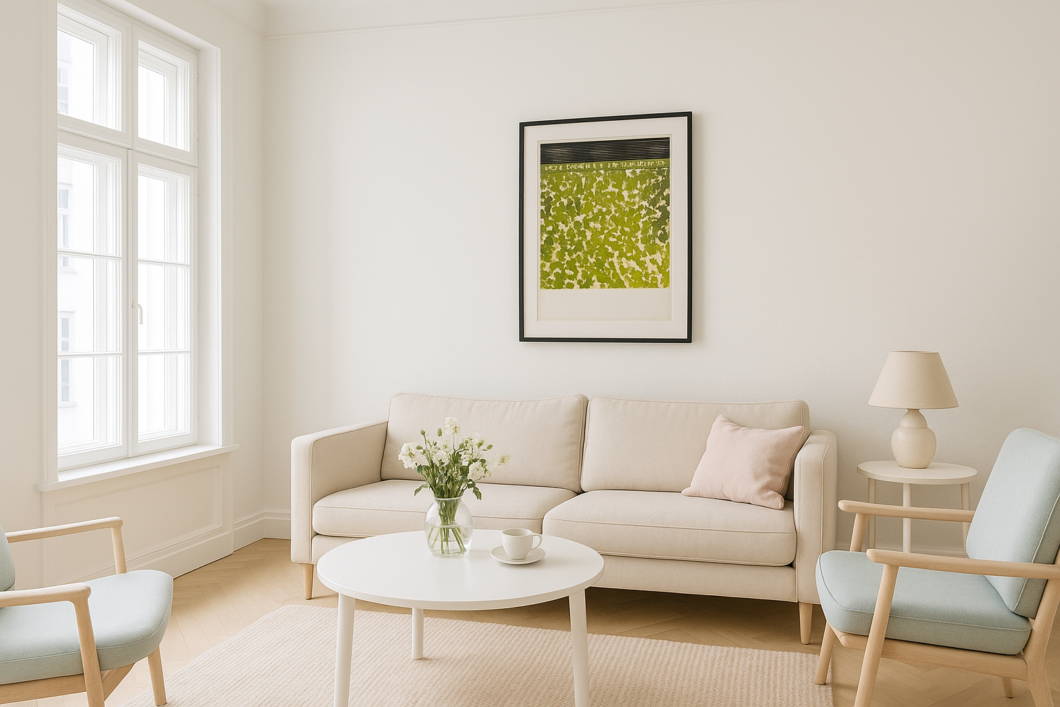 Bright Danish living room with "Det er forår. Alting klippes ned" artwork in 50x70 cm