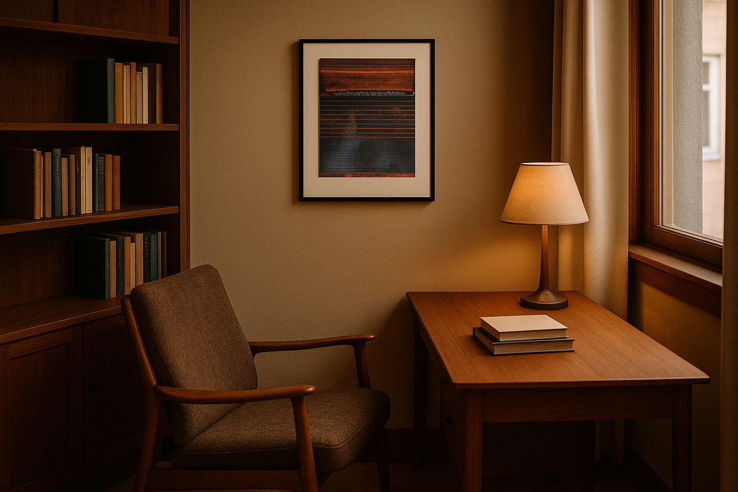 Danish bedroom/study with "Stille hjerte sol går ned" artwork in 50x70 cm