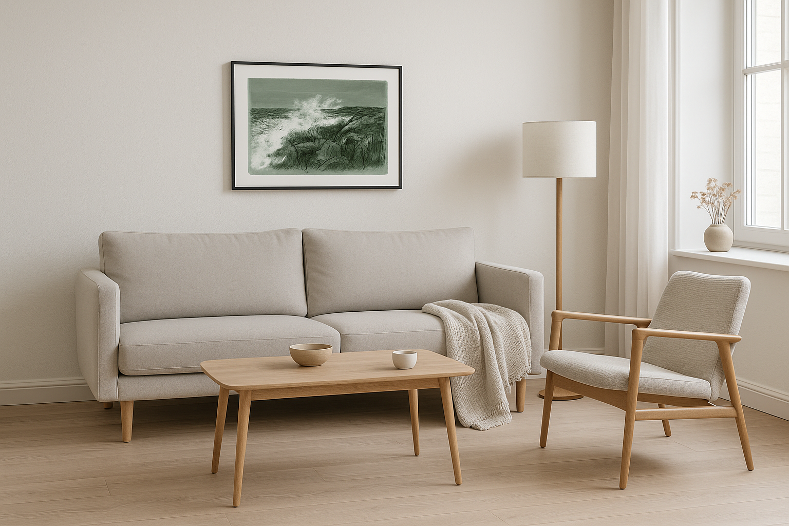 Modern Danish living room with "Havgrønne duotoner" artwork in 70x50 cm landscape format