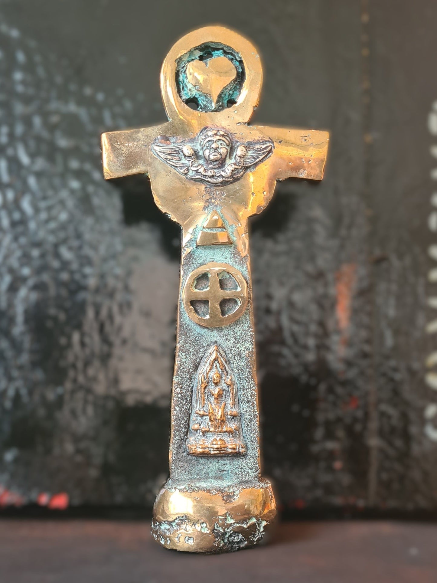 Mogens Leanders bronzeskulptur - korset, hjertet og soltegnet - A1