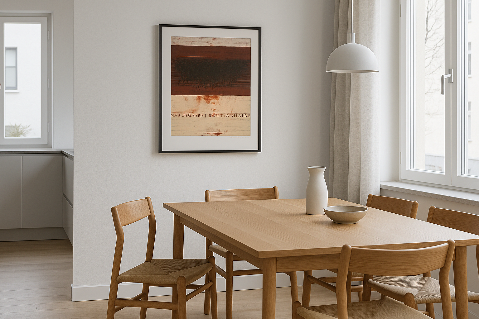 Danish dining room with "Når jeg ser et rødt flag smælde" artwork in 50x70 cm