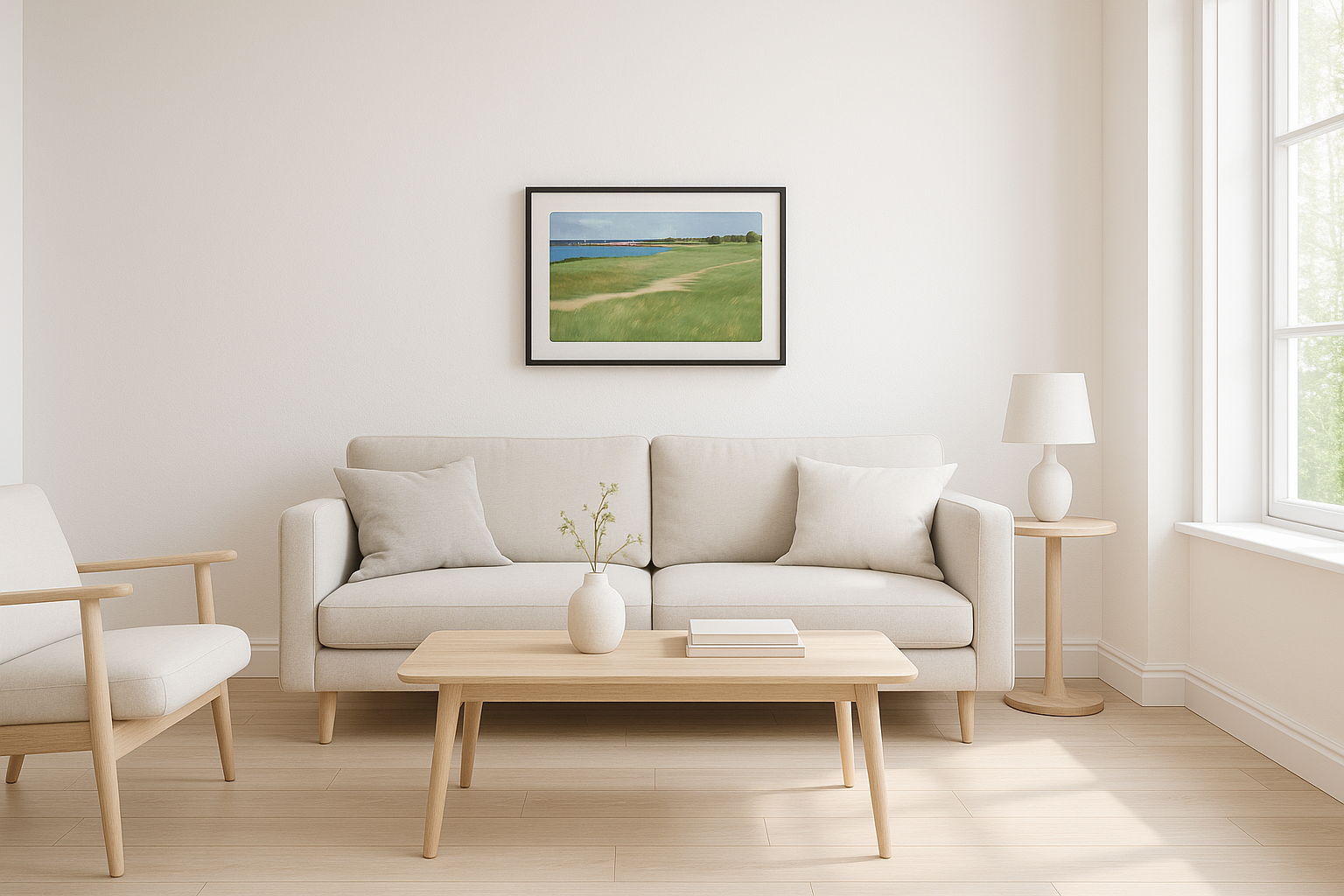 Modern bright Danish living room with smaller "Stien mod Ebeltoft" artwork in 70x50 cm