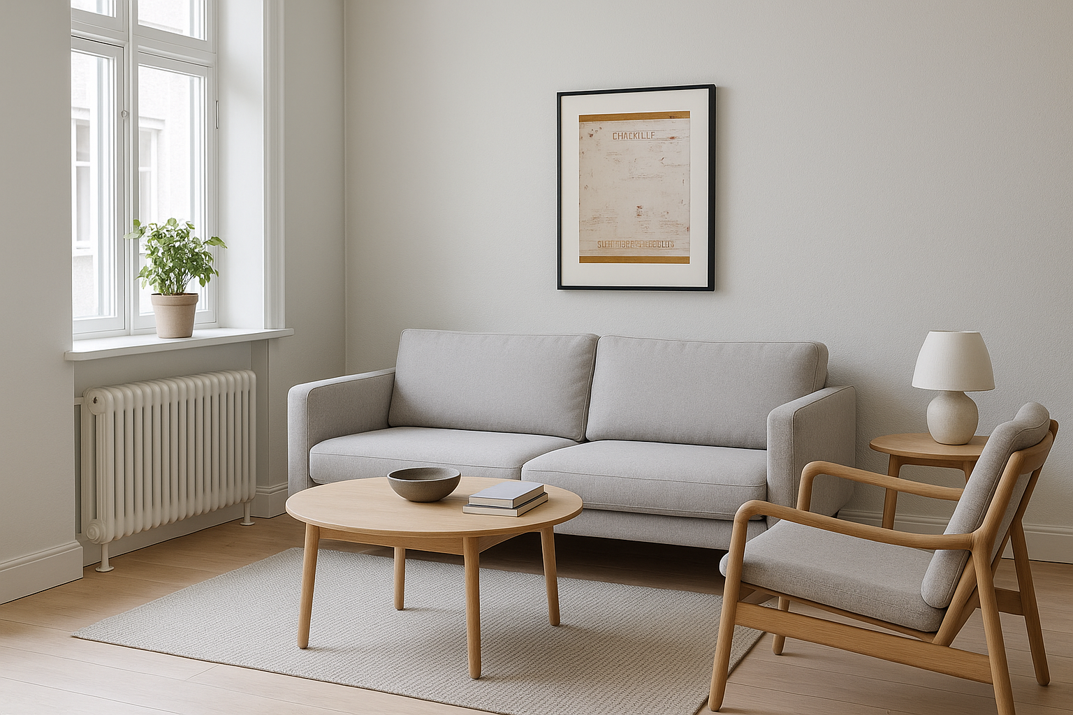 Modern Danish living room with "Chrysillis" artwork in properly proportioned 50x70 cm