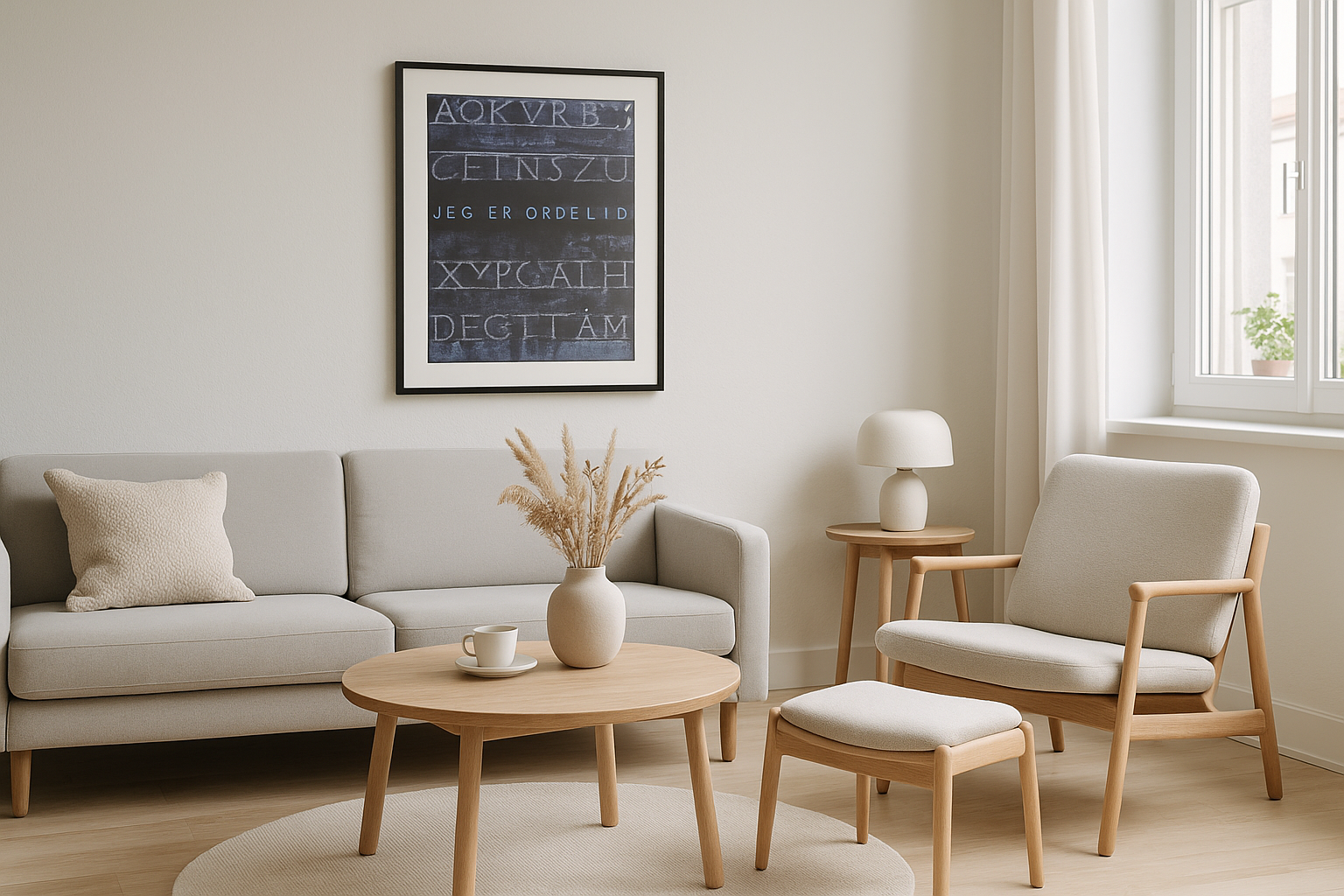 Modern Danish living room with correctly sized "Jeg er ordblind" artwork