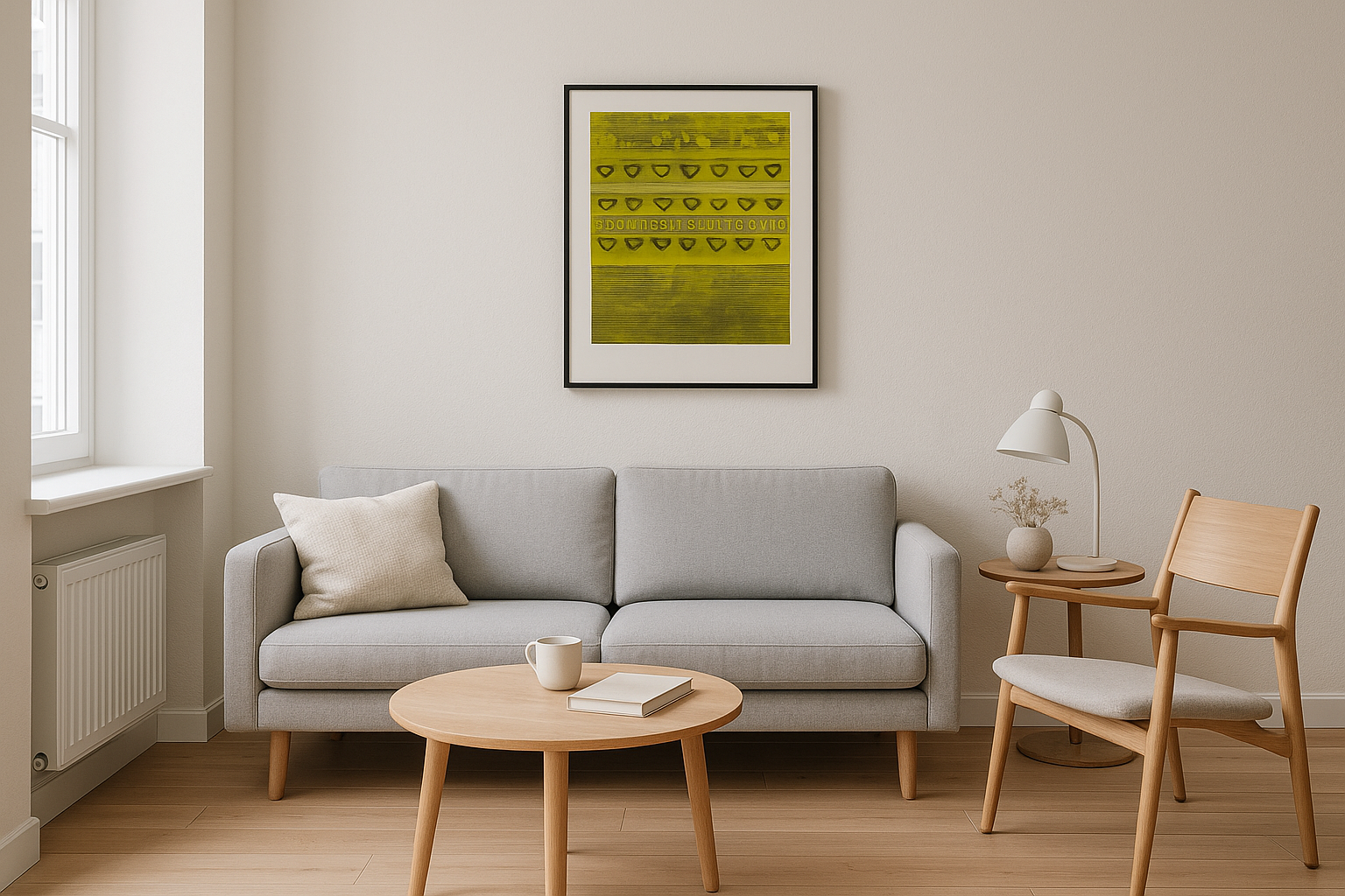 Modern Danish living room with "Svantes lykkelige dag" artwork in 50x70 cm portrait format